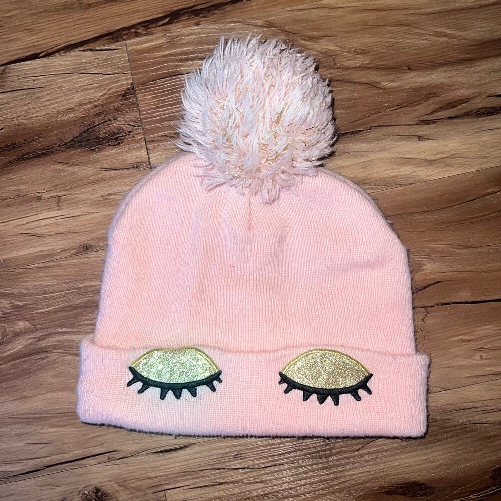 Girls Pink Pom-Pom Eyelash Beanie – One Size